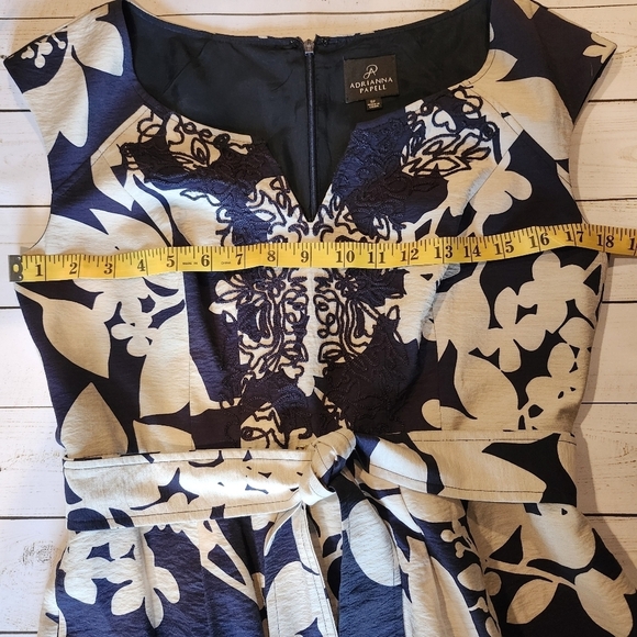 Adrianna Papell Cream/Blue Midi Dress With Embroidery, Cap Sleeves, Size 8P - Picture 10 of 12